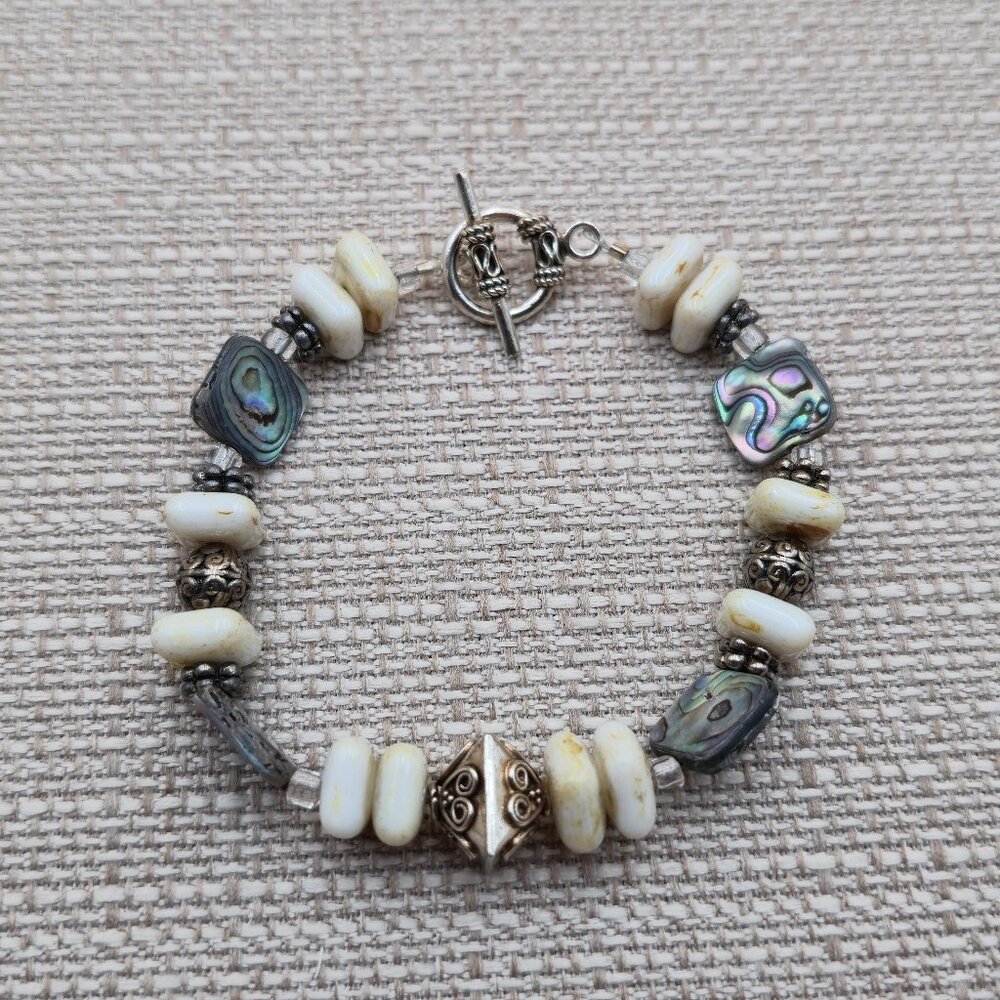 8 Inch Sterling Silver Handmade Abalone Shell And Glass Bracelet B710
